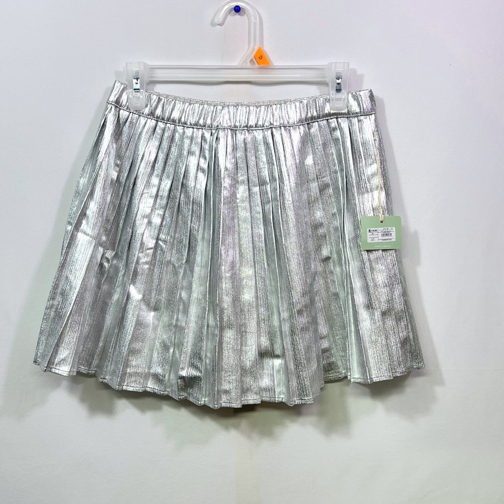 Owillo Girls Silver Metallic Pleated Mini Skirt Holiday Party Disco Lined XL NWT